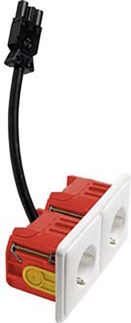 Steckverbindung mit weißen Buchsen und roten Gehäuse, daran ein schwarzes Kabel mit einem Stecker. Geeignet für elektrische Anschlüsse.