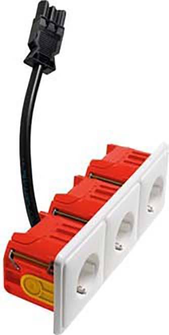 Rotes und weißes elektrisches Verbindungselement mit drei Steckplätzen und schwarzem Kabel. Es dient zur Stabilisierung von Verbindungen.