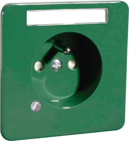 'Leere grüne Steckdose in quadratischer Form mit Sicherheitsverschluss, geeignet für Schuko-Stecker.'