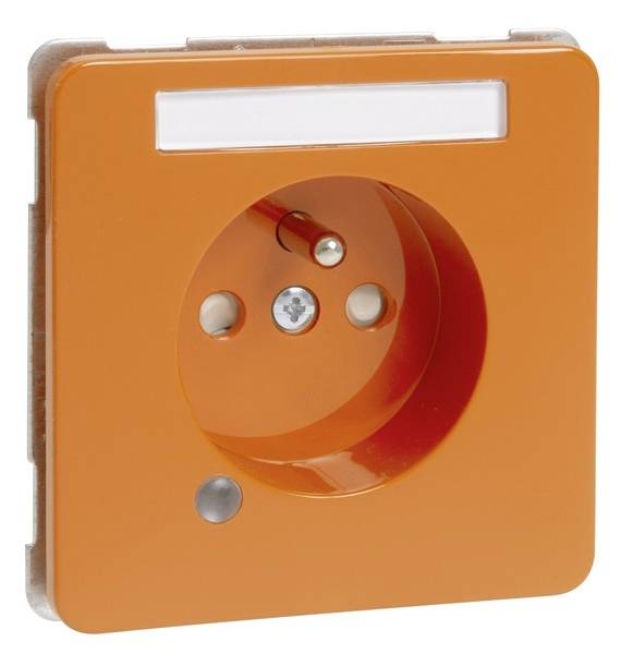 Orange Steckdose mit Erdungskontakt und einem LED-Licht oben. Kleine graue Taste unten links.