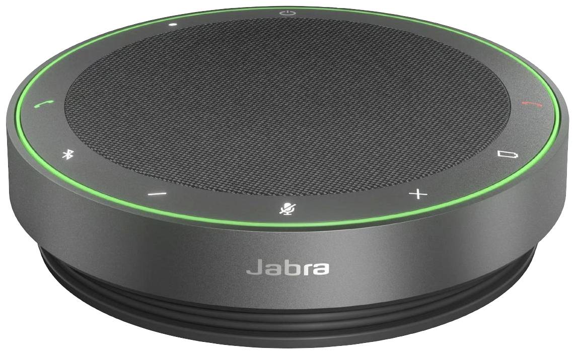 Ein grauer, runder Lautsprecher mit Markenname 'Jabra' an der Seite. Oben befinden sich Symbole für Lautstärke, Mikrofon und Bluetooth.