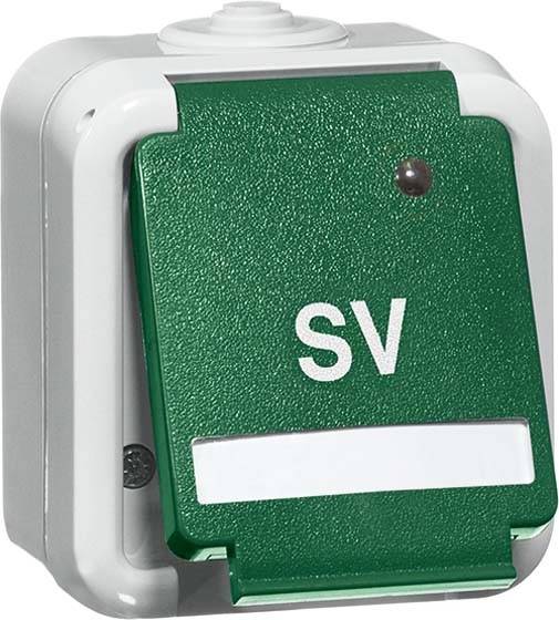 Grüner Schalter mit der Aufschrift 'SV', montiert in einem weißen Gehäuse.