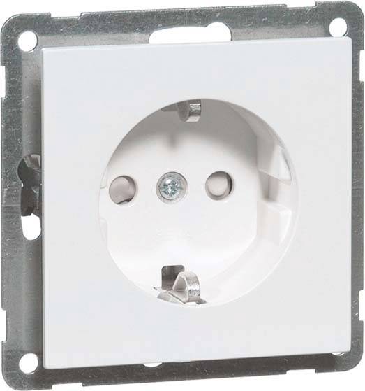 Weiße Steckdose in der Wandmontage, passend für den europäischen Normstecker, umgeben von einem Metallrahmen.