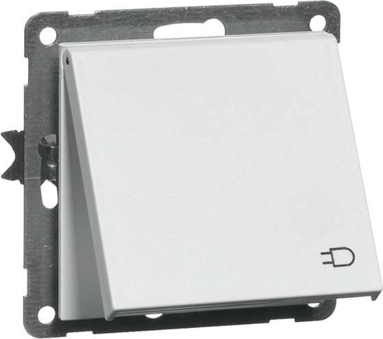 Abbildung eines grauen, quadratischen elektrischen Steckdosenabdeckers mit einem geöffneten Klappdeckel ohne sichtbare Steckdose.