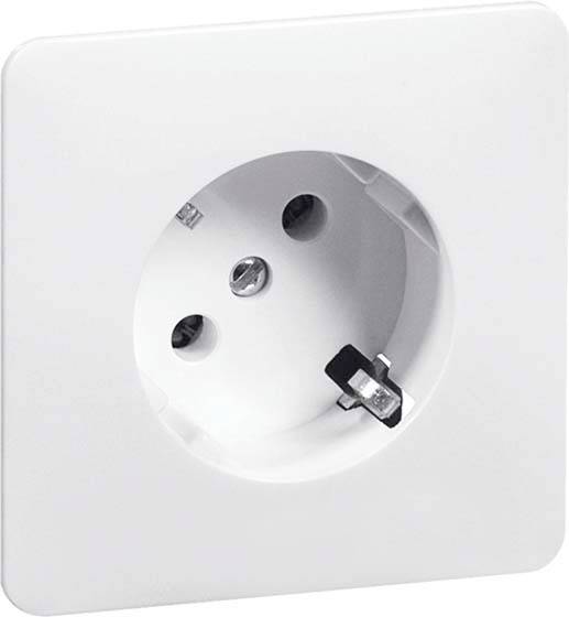 Weiße Wandsteckdose mit zwei runden Öffnungen und einem Erdungsstift, geeignet für europäische Stecker.