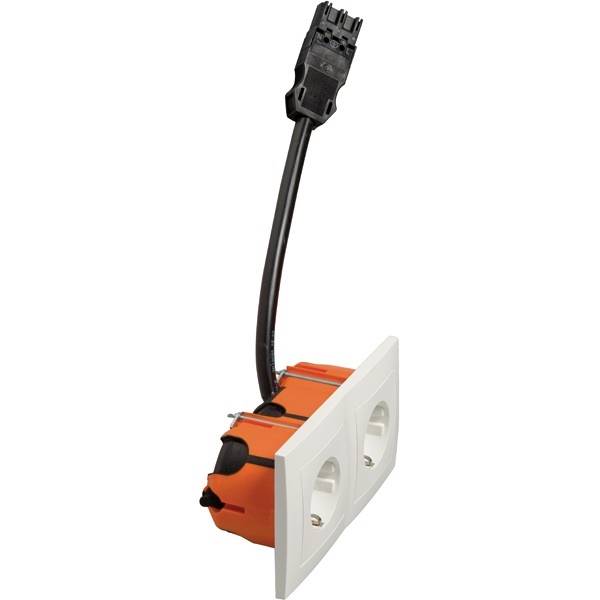 Eine orange und weiße Steckdosenleiste zum Einbau, mit schwarzem Anschlusskabel.