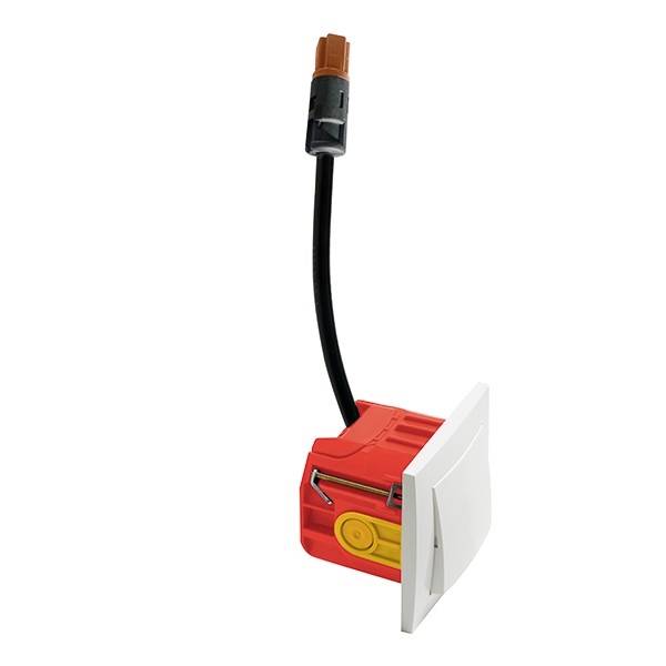 Ein rotes Gerät mit einem Kippschalter und einem angeschlossenen schwarzen Kabel mit Stecker. Hauptsächlich für technische Anwendungen.