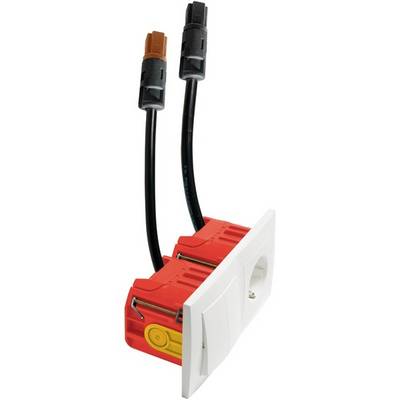 Ein weiß-rotes Elektroanschlussteil mit zwei schwarzen Kabeln, die von oben herausragen. Es ist für Elektroinstallation vorgesehen.