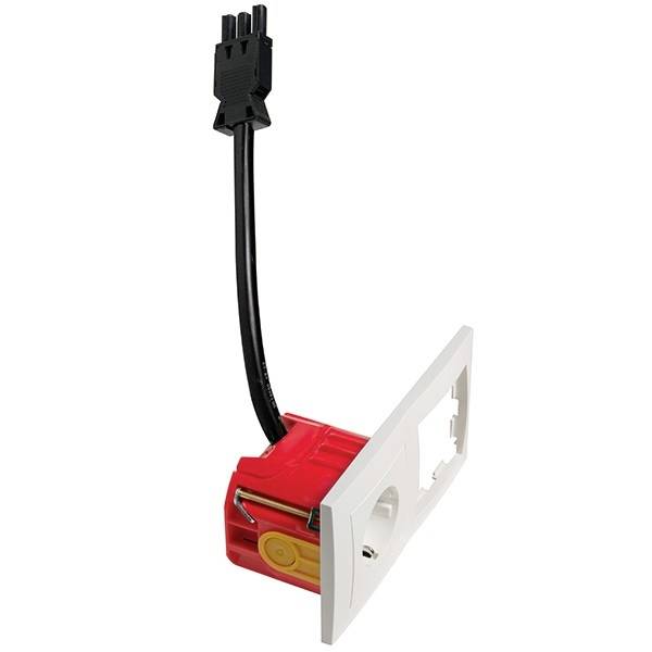 Ein rotes und weißes Modul mit Kabel, wahrscheinlich ein elektrischer Anschluss oder Adapter mit Platz für mehr Bauteile.