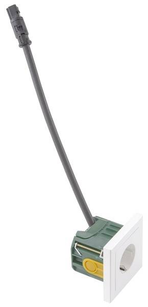 'Einbausteckdose mit Kabel und grünem Gehäuse, geeignet für den Einbau in Wände oder Möbel.'