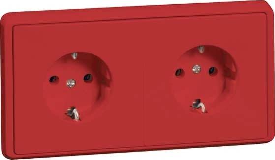 Doppelsteckdose in leuchtendem Rot, für Schuko-Stecker geeignet.