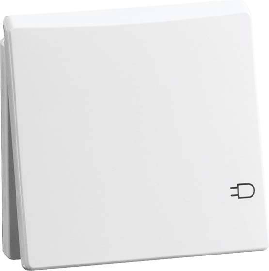 Ein weißer Lichtschalter mit einem Stecker-Symbol unten rechts, möglicherweise symbolisiert er eine Steckdose-Funktion.