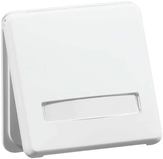 Ein quadratischer, weißer Lichtschalter mit einer zentralen, horizontalen Taste. Minimalistisches Design für moderne Innenräume.