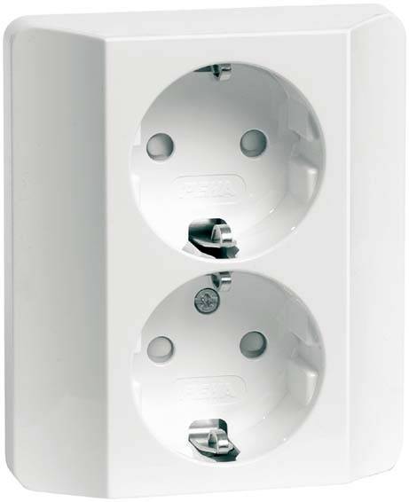 Eine weiße Doppelsteckdose mit zwei runden Buchsen, montiert an einer Wand. Geeignet für europäische Stecker.