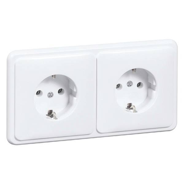 Weiße Doppelsteckdose mit zwei runden Steckplätzen, geeignet für Standard-Elektrostecker in Europa.