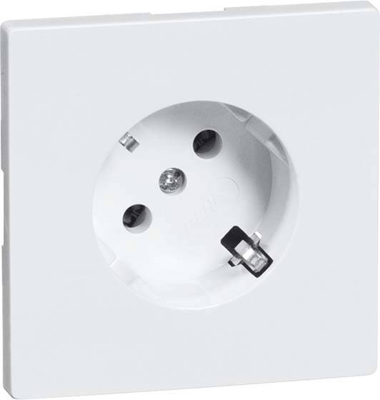 Weiße Wandsteckdose mit integriertem Kinderschutz und Schraubenhalterung. Geeignet für europäische Stecker.