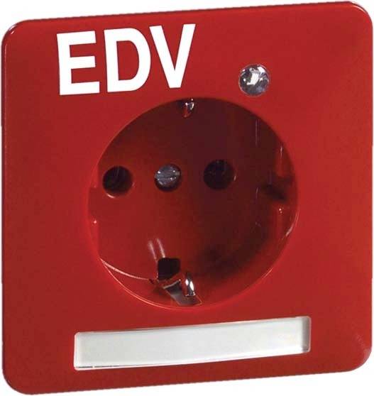 Rote Steckdose mit der Aufschrift 'EDV', erkennbar für spezielle technische Anwendungen.