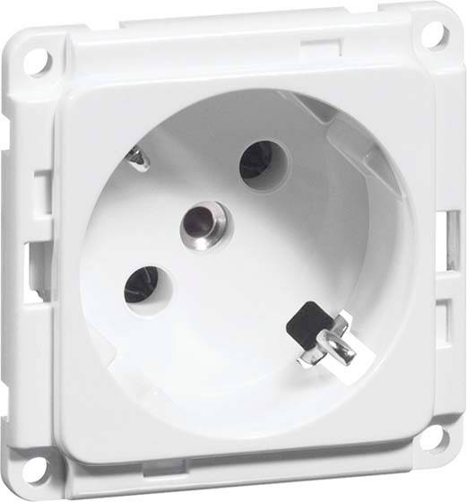 Eine weiße, europäische Schuko-Steckdose ist abgebildet, geeignet für zweipolige Stecker mit Erdungskontakt. Sie hat einen rechteckigen Rahmen.