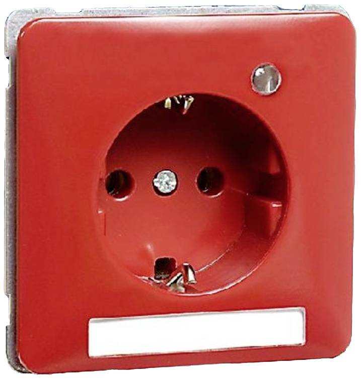 Rote Steckdose mit Erdung, typisches Design für Notstromversorgung in öffentlichen Gebäuden.