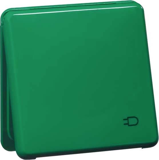 Grüne Powerbank mit stilisiertem Steckersymbol in der Ecke, steht aufrecht auf einer hellen Oberfläche.
