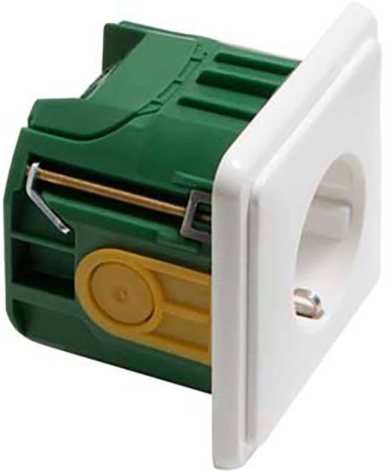 Ein grünes und gelbes elektrisches Steckdosenmodul mit einer weißen Frontplatte, schräg von der Seite gezeigt.