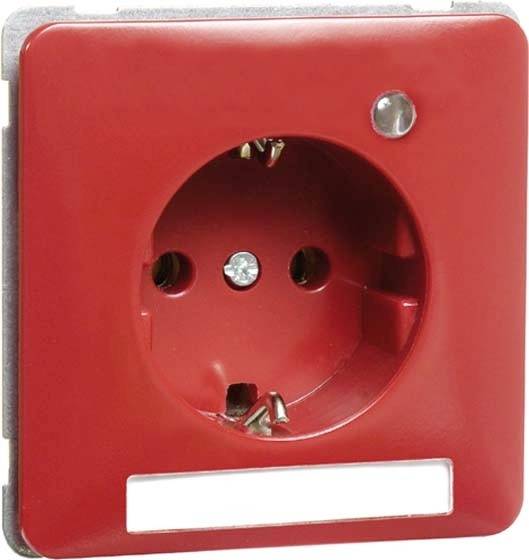 Rote Wandsteckdose mit Schutzkontakt und Schrauben an den Seiten, geeignet für Elektrozubehörinstallation.