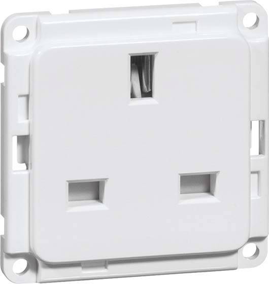 Weiße Steckdose mit drei rechteckigen Öffnungen, montierbar an einer Wand, für den Anschluss von Elektrogeräten geeignet.