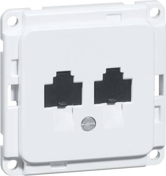 Eine weiße Netzwerksteckdose mit zwei RJ45-Buchsen, rechteckig mit abgerundeten Ecken, zur Wandmontage vorgesehen.