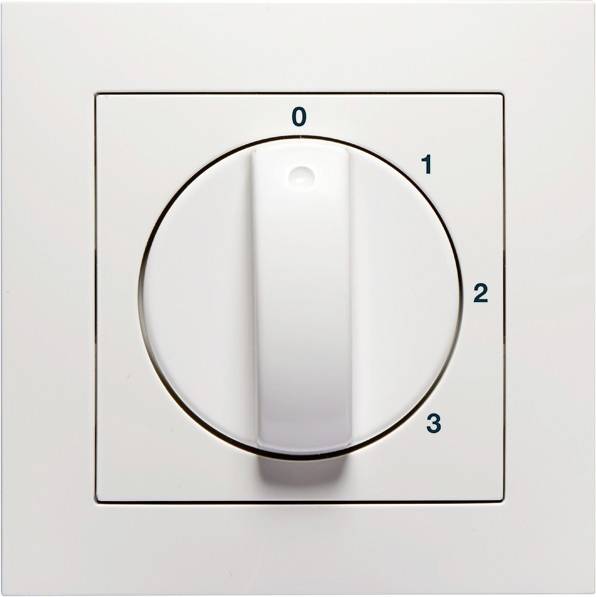 Ein weißer Drehschalter an einer Wand mit den Zahlen 0 bis 3 zeigt auf 0.