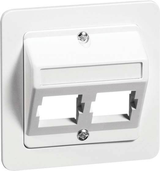 Zweifache Netzwerkdose an der Wand, geeignet für Ethernet-Anschlüsse. Weiße Abdeckung mit sichtbaren Schrauben.