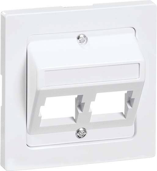 Doppel-Wandsteckdose für Netzwerkanschluss, montiert auf einer weißen Wandplatte, geeignet für RJ45-Stecker, rechteckige Öffnungen.