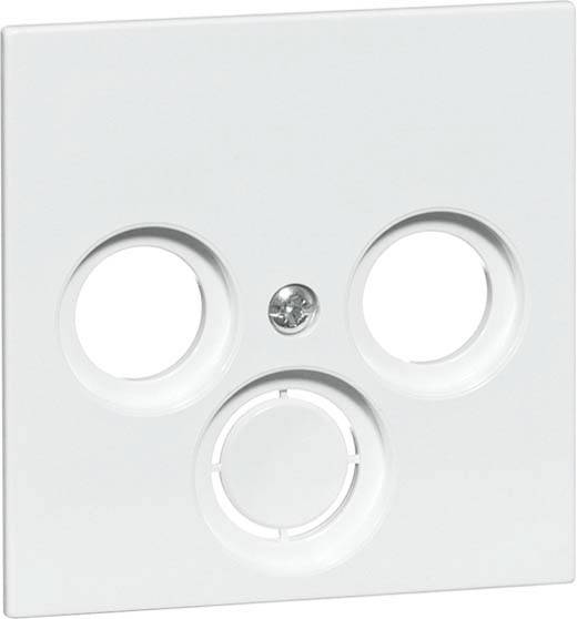 Weiße Abdeckplatte mit drei runden Öffnungen, passend für Anschlüsse wie Koaxialbuchsen. Eine Schraube in der Mitte zur Befestigung.