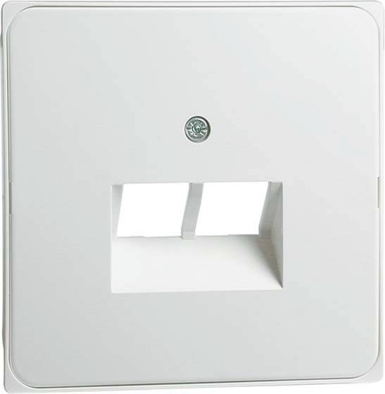 Zweifacher Netzwerkauslass aus weißem Kunststoff, geeignet für Ethernet-Kabel.