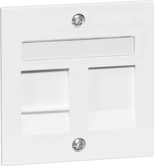 Weiße Netzwerkanschlussdose mit zwei Ports und Schrauben zur Wandmontage. Oberhalb der Ports ist ein transparentes Beschriftungsfeld.