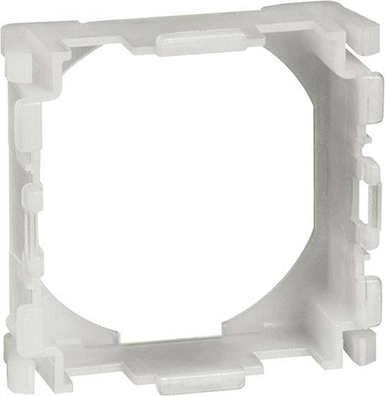 Ein quadratischer Kunststoffrahmen mit abgerundeten Ecken und eingekerbten Seiten, vermutlich für Montagezwecke.