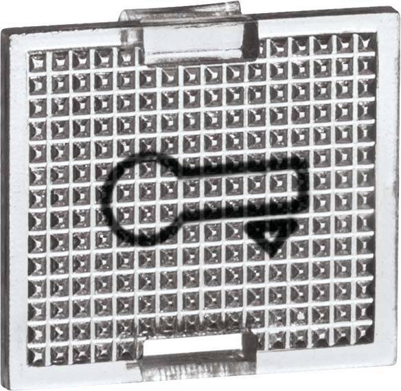 Metallschalterabdeckung mit eingeprägtem Schlüsselsymbol. Quadratförmig und gitterartig strukturiert, dient vermutlich zur Sicherung.