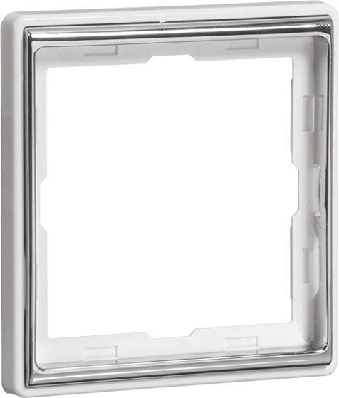 Leerer, quadratischer Rahmen für Lichtschalter oder Steckdose, silbern glänzend, ohne sichtbare Schrauben oder Verzierungen.