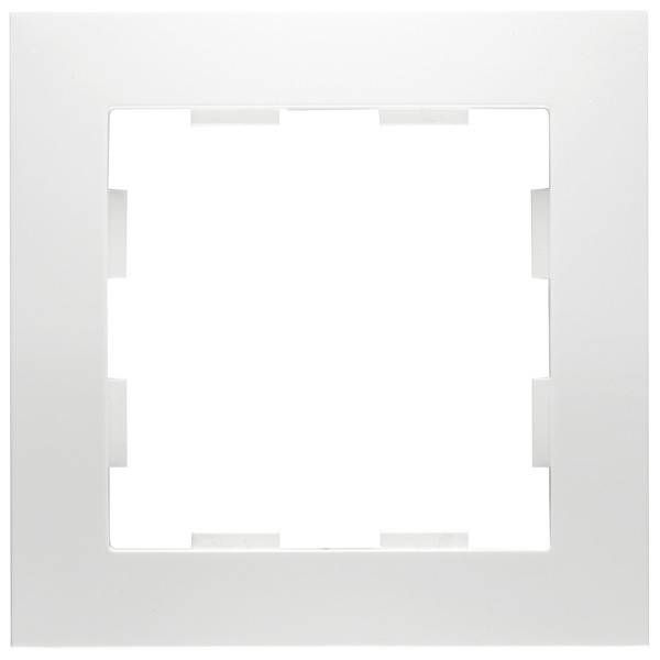 Weißer Kunststoffrahmen mit quadratischer, leerer Aussparung in der Mitte, geeignet für Steckdosen oder Schalter.