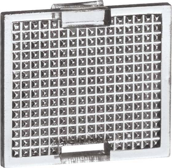 Das Bild zeigt ein rechteckiges Metallgitter mit kleinen quadratischen Öffnungen, vermutlich Teil eines technischen oder industriellen Geräts.