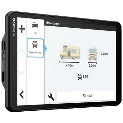 Das Bild zeigt ein GPS-Navigationssystem mit einem Menü zur Auswahl von Fahrzeugtypen. Ausgewählt ist 'Wohnmobil', mit Maßen 7,50 m Länge, 2,30 m Breite und 3,00 m Höhe.