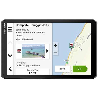 Garmin-Navigationsgerät zeigt 'Campsite Spiaggia d'Oro' in Italien, mit Adresse, Telefonnummer, Bild des Campingplatzes und Navigationsoptionen.