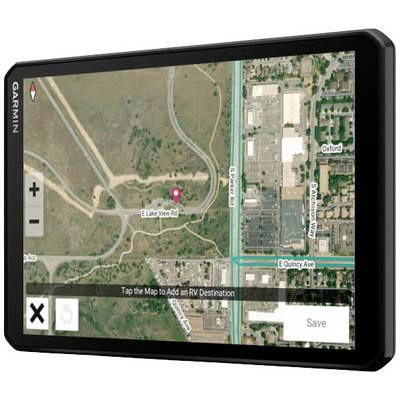 Karte auf einem Garmin-Gerät zeigt eine Straße und ein Zielpunkt. Textfeld fordert auf, durch Tippen ein Reiseziel hinzuzufügen.