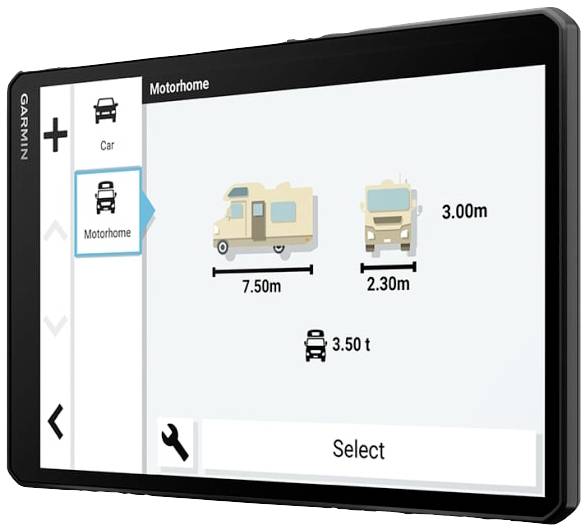 Navigationsgerät-Bildschirm zeigt Einstellungen für Wohnmobile, mit Abbildungen und Maßen eines Wohnmobils und eines Fahrzeugs.