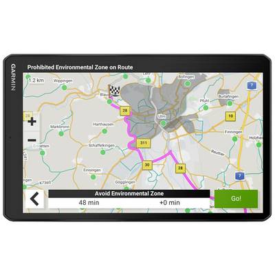 Navigationsgerät mit Routenführung durch Ulm. Route führt an Umweltzone vorbei. Ziel ist markiert. Anzeige: 1,2 km, 48 min Fahrtzeit.