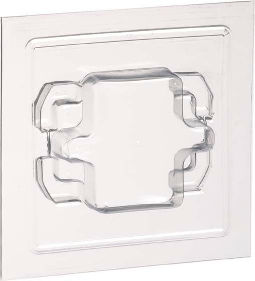 Eine transparente Kunststoffverpackung mit quadratischer Form und abgerundeten Ecken, geeignet für Produkte oder Display-Material.