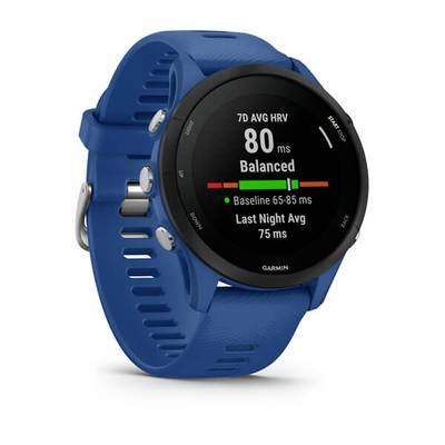 Blaue Sportuhr mit Rundanzeige, zeigt 7 Tage HRV-Daten und letzte Nacht-Durchschnitt. Bildschirmtext: '7D AVG HRV, Balanced'.