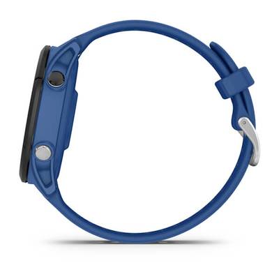 Eine blaue Armbanduhr mit einem runden Zifferblatt und zwei seitlichen Knöpfen. Das Armband ist schlank und hat eine Metallschnalle.