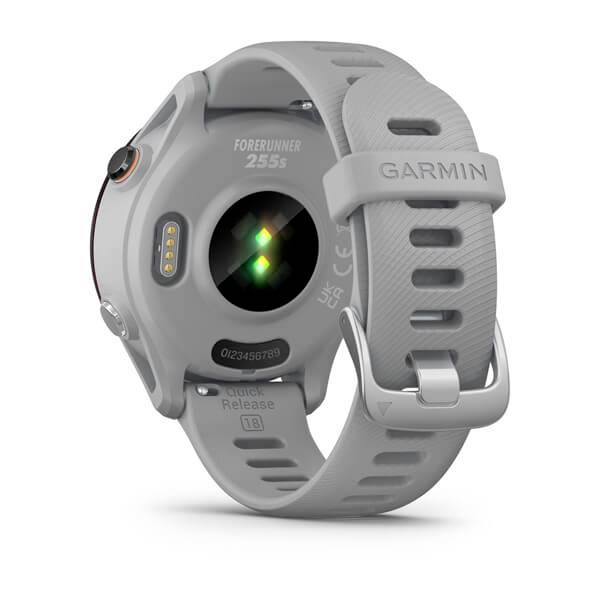 Graue Smartwatch mit Armband, Ansicht der Rückseite. Sensoren und Modellname 'Forerunner 255S' sichtbar.