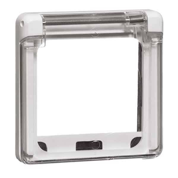 Ein transparenter, quadratischer Schutzrahmen aus Kunststoff, möglicherweise für einen Schalter oder eine Steckdose, mit abgerundeten Ecken.