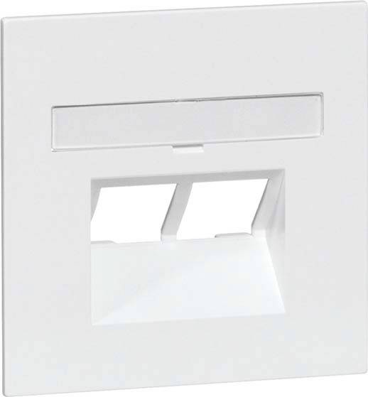 Weiße Wandanschlussdose mit zwei Öffnungen für Netzwerkkabel, quadratische Form, schlichtes Design.